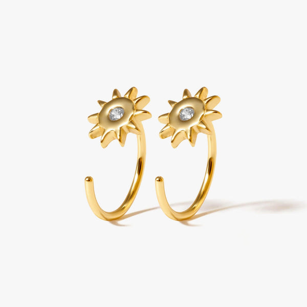 Gold Sunflower Half Hoop Huggie Earrings