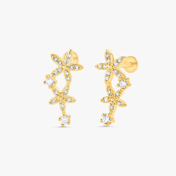 Color_Gold,Bar Type & Materials_Labret (Titanium);Double Flower Flat Back Left Ear Earrings - EricaJewels
