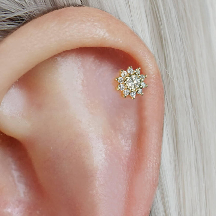 Crystal 3A CZ  Sunflower Flat Back Piercing Earring