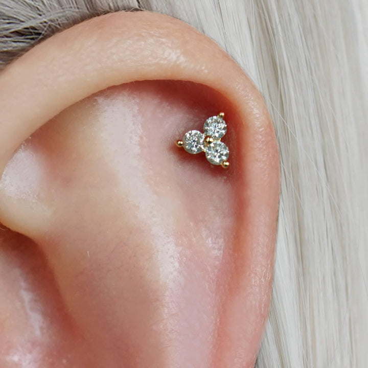 Crystal 3A CZ  Three Leaf Clover Flat Back Piercing Earring