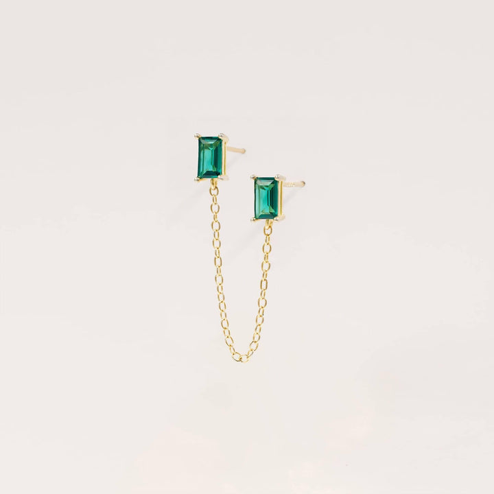 Emerald Green 3A CZ Double Baguette Chain Piercing Earrings