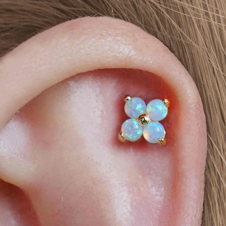 White Opal Four Leaf Clover Lotus Flat Back Piercing Earring