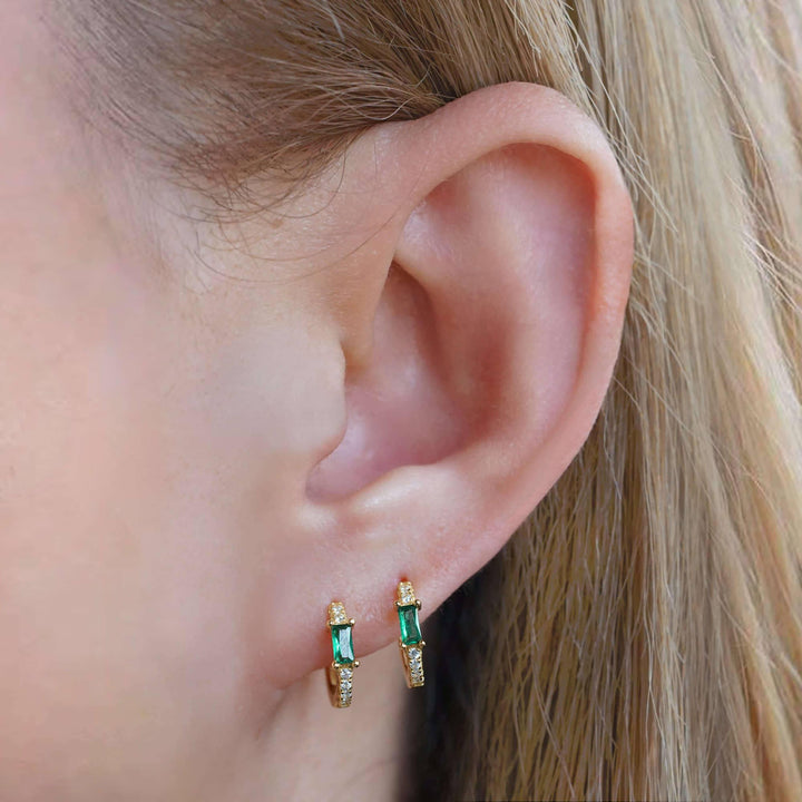 Baguette Emerald Green 3A CZ Hoop Earrings-EricaJewels