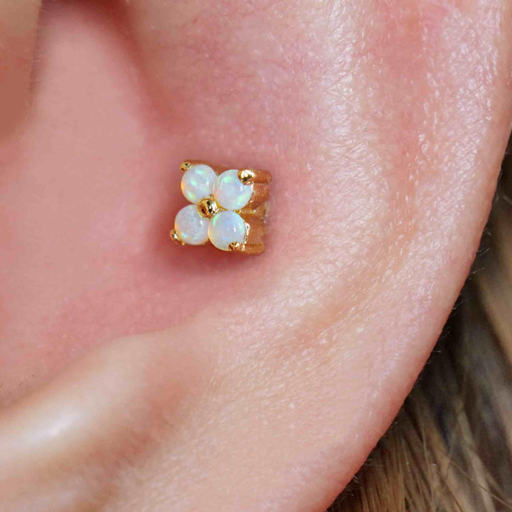 White Opal Four Leaf Clover Lotus Flat Back Piercing Earring