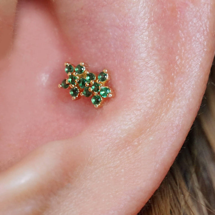 Emerald Green 3A CZ  Double Flower Flat Back Piercing Earring