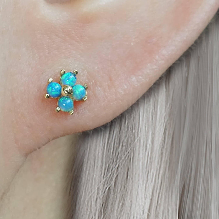 Blue Opal Four Leaf Clover Lotus Flat Back Piercing Earring