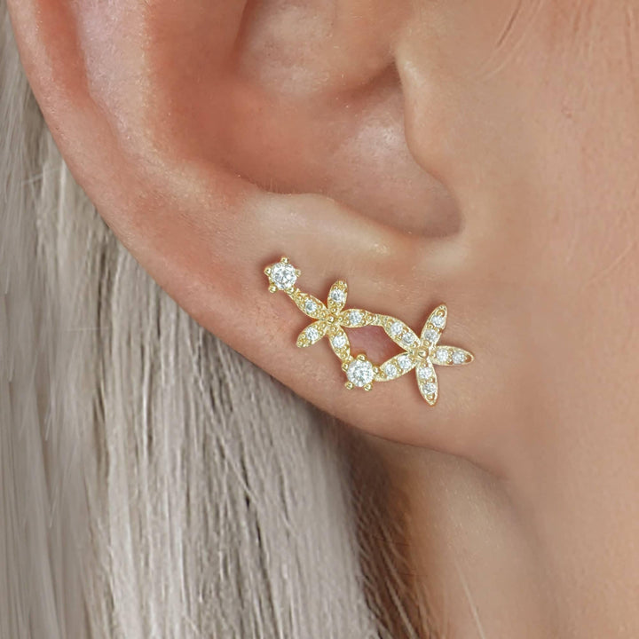 Helix Crystal 3A CZ  Double Flower Flat Back Piercing Earring-Left Ear