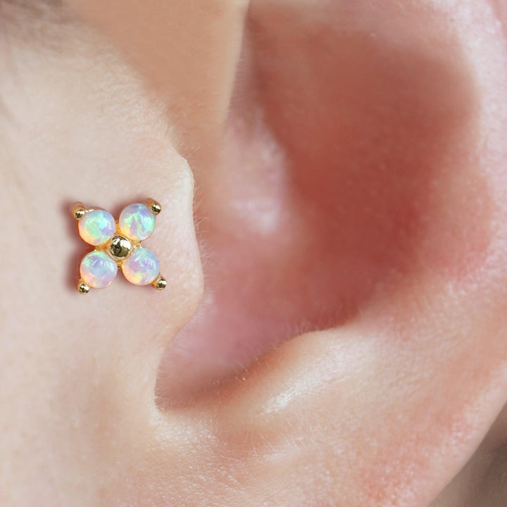 Four Leaf Clover Pink Opal Flat Back Piercing Earring