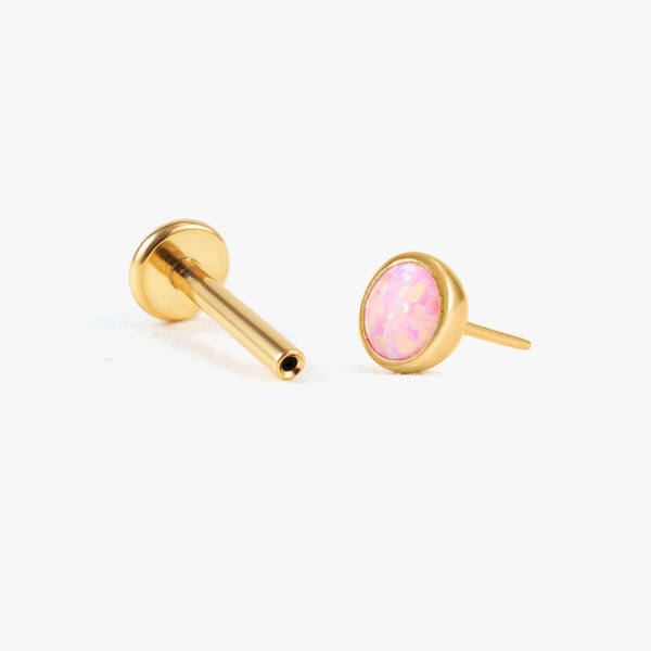 Color_Gold;Multiple Sizes Pink Opal Bezeled Push Pin Earring