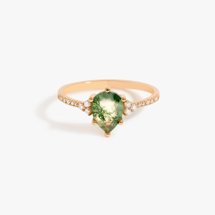 Natural Green Moss Agate Teardrop Band Ring