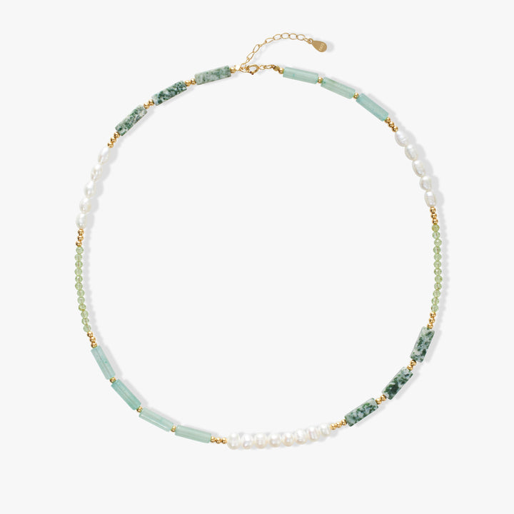 Natural Pearl And Green Speckled Stone Collar Necklace