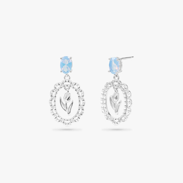 Pink | Blue Moonstone Dangly Rose Stud Earrings