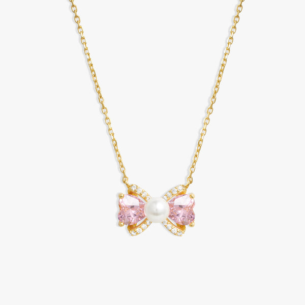 Pink Crystal Necklace | Bow Pendant Necklace