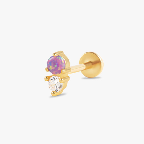 Color_Gold,Bar Type & Materials_Labret (Titanium); Purple Opal Double Gem Flat Back Piercing Earring