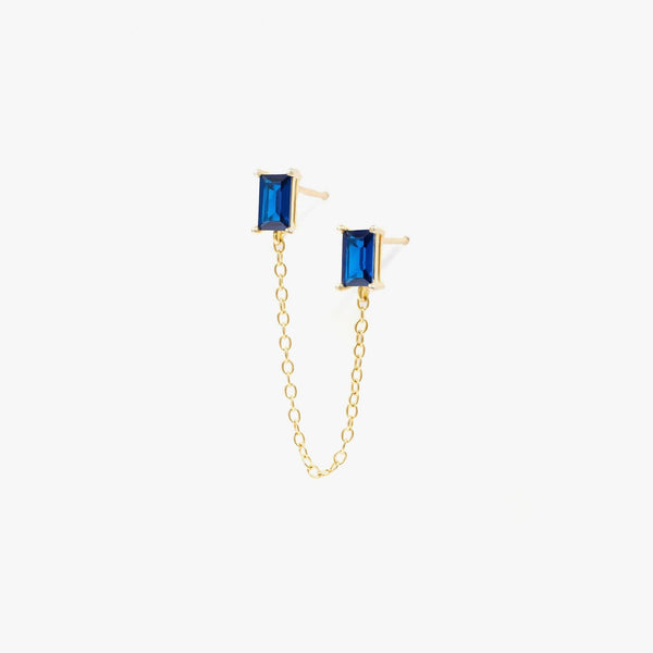 Sapphire Blue 3A CZ Double Baguette Chain Piercing Earrings