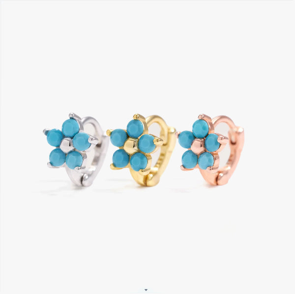 Turquoise Five Petels Flower Huggie Hoop Earrings